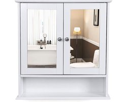 ACAZA Badkamerkast - Badkamerkastje met Spiegel - 56x13x58cm - Spiegelkast - Twee Deuren - Inclusief Open Plankje - Wit