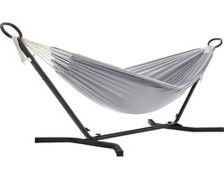 ACAZA Hangmat - Hangmat met standaard - Hangstoel - 210 x 150 cm - Verstelbaar in 5 Verschillende Hoogtes - Metalen Frame - Belastbaar tot 150 kg - Hangmat voor Tuin - Zwart Frame en Grijze Hangmat