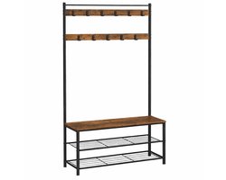 ACAZA Kapstok - Kapstok Staand - Staande Kapstok - Kapstok met Schoenenrek - 85 x 32 x 175 cm - Garderoberek - 11 Haken - Vintage Bruin en Zwart - Schoenenrek