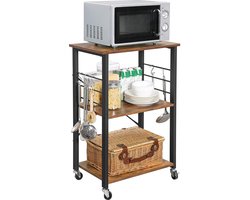 ACAZA Keukentrolley - 89 x 60 x 40 cm (H x L x B) - Trolley op Wieltjes - Bruin Vintage - 3 Niveaus - Trolley Keuken - Keukenrek - Kast voor Magnetron - 6 Haken