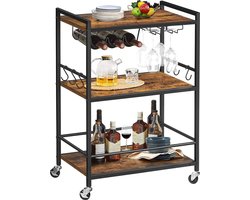 ACAZA Keukentrolley - Trolley op Wieltjes - Bruin - Trolley Keuken - Serveerwagen op Wieltjes - 83 x 60 x 33 cm (H x L x B) - Trolley op Wieltjes - Bijzettafel op Wieltjes - 3 Planken met Haakjes en Wijnaccessoires - Keuken Trolley