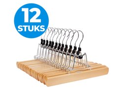 ACAZA Kledinghangers - Broekhanger - 12 Stuks - Anti Slip - 100% FSC-Gekeurd Duurzaam Hout - Lichte Eik Kleur