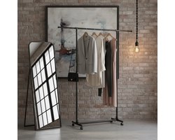 ACAZA Kledingrek - Kledingrek op wieltjes - 87-150 x 44 x 165 cm - Kledingrek Metaal - Uitschuifbare 87 cm tot 150 cm - Garderoberek - Zwart