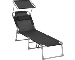 ACAZA Ligbed Tuin - Ligstoel Tuin - Zonnebed - Stretcher - Ligzetel Buiten - Ligbed Opvouwbaar - Strandbed - Lounge Bed - Tot 150 kg - Inclusief Kussen, Zonnescherm en 4 Standen - Draagbaar - Zwart