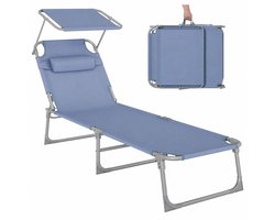 ACAZA Ligbed Tuin - Ligstoel Tuin - Zonnebed - Stretcher - Ligzetel Buiten - Ligbed Opvouwbaar - Strandbed - Lounge Bed - Tot 150 kg - Inclusief Kussen, Zonnescherm en 4 Standen - Draagbaar - Blauw