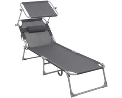 ACAZA Ligbed Tuin - Ligstoel Tuin - Zonnebed - Stretcher - Ligzetel Buiten - Ligbed Opvouwbaar - Strandbed - Lounge Bed - Tot 150 kg - Inclusief Kussen, Zonnescherm en 4 Standen - Draagbaar - Grijs