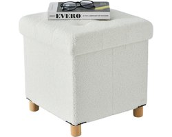 ACAZA Poef - Hocker Teddy - Opvouwbaar - Wit - 38 x 40 cm (B x H) - Opbergpoef - Hocker Met Opbergruimte - Opbergbox - Zitkist - Voetenbank