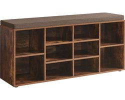 ACAZA Schoenenkast - Schoenenrek - Schoenenbank - Met Zitkussen - 10 Vakken - 104 x 30 x 50 cm - Vintage Bruin