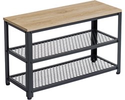 ACAZA Schoenenrek - Schoenenbank - Schoenenkast - 73 x 45 x 30 cm - Industrieel Design - Metaal met Hout - Lichte Eik Kleur