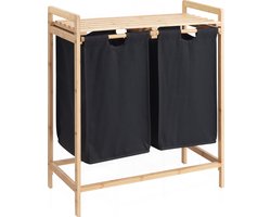 ACAZA Wasmand - 2 Vakken - Wassorteerder - 44 L - bamboe - 73,5 x 64, 5 x 33 cm - Zwart