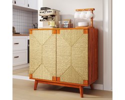 Accentkast Sideboard 79 x 39,5 x 78 cm - Dubbele deuren - Gevlochten papieren touw - Verstelbare plank - Druk-open - Boho-stijl - Voor keuken, hal, woonkamer - Bruin
