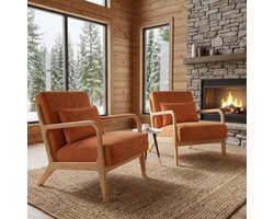 Accentstoel loungestoel 80x75x63 cm – set van 2 moderne fauteuils met armleuningen en kussen – comfortabele leesstoel – oranje – Bella