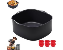 Accessoires voor de airfryer - vierkante antiaanbak bakvorm - Ongeveer 17,78 cm - Vierkante bakvorm voor airfryer - Zwart - Roestvrijstalen bakvorm - Inclusief 8 mokken - Herbruikbare bakvorm - Broodbakmand