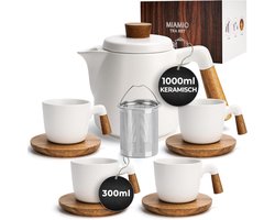 ACEP 1000 ml Keramische theepot set - 4 Koppen - 4 Bamboe schotels - Theepot - Thee - WIT - Theeset - Theeglazen - Theezeef
