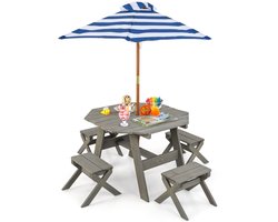 Achthoekige Houten Placemat Picknicktafel voor Kinderen met 4 Stoelen en in Hoogte Verstelbare Parasol Houten Zitgroep-Grijs