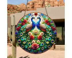 Acryl gebrandschilderde raamdecoratie Suncatcher met pauwbloemdesign, kleurrijk ornament voor venster of muurdecoratie - glazen paneel zon vanger - verjaardagscadeau.