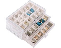 Acryl juwelendoosje sieradenkistje met 3 laden, oorbel opbergen, juwelenkistje, oorringen, sieraden, organizers, beige