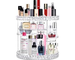 Acryl Make-up Organizer, Cosmetische Opbergruimte, Parfumhouder voor op het werkblad, Badkamer Kaptafel, 360 graden draaibare Make-up Stand voor Beauty Caddy, Huidverzorging, Transparant & Diamantpatroon.