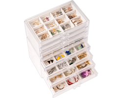 Acryl Oorbel Organisator Sieraden Organizer Box met 8 Lades, Heldere Stapelbare Sieraden Houder Oorbel Opslag Case met Verstelbare Fluwelen Trays voor Vrouwen op Dressoir Kapstok -Warmwit, 8