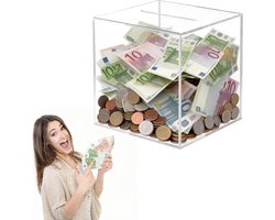 Acryl Spaarpot 12x12x12cm Vierkant Transparant Niet Te Openen Groot Formaat Spaarvarken Voor Munten En Papiergeld Cadeau Voor Verjaardag