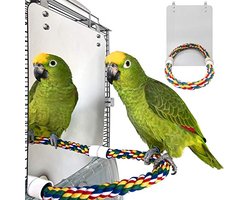 Acryl vogelspiegel - Acryl spiegel - Vogelspiegel met touwstok - Papegaaienspiegel - Kooivogel speelgoed - Veelkleurig katoenen touw - Kauwbestendig - Geschikt voor parkieten, kaketoes, conures, vinken, kanaries - Zilver