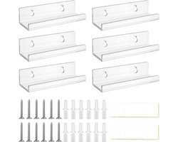 Acryl Wandplanken – 6 Stuks – LP Houder – Houder aan de Muur – Zelfklevend & Schroefmontage – Duurzaam Acryl – Voor Badkamer, Keuken, Kantoor & Kinderkamer – 10*3.5*3cm – Transparant