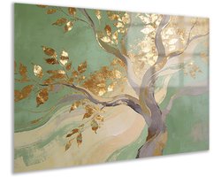 Acrylglas schilderij - Goud - Bladeren - Woonkamer - Woondecoratie - Muurdecoratie - Wanddecoratie hal - Art nouveau - Moderne in huis - 90x60 cm