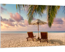Acrylglas - Twee Ligbedden op het Strand met Palmboom - 150x100 cm Foto op Acrylglas (Met Ophangsysteem)
