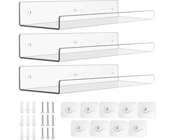 Acrylic Wandplank - Transparante 3 Stukken - Vloeiende Plank - 30 x 10 cm - Vloeiende Boekenkast - Duidelijk Acryl - Wandplank Zonder Boren - Voor Wand - Boekenplanken - Foto Decoraties - Tijdschriftenstand