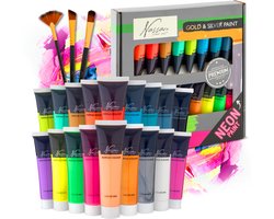 Acrylverf Set 18pcs - Hobbyverf - Basiskleuren - Neon Verf - Metallic Verf - Acrylverf Tubes - 36ml per tube - Schilderen voor kinderen en volwassenen - Acrylverf goud