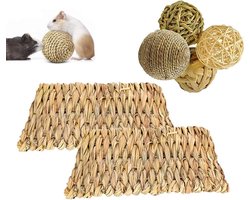 Activiteitsspeelgoed voor dieren - 2-pack kauwbaar speelgoed voor dieren - Natuurlijke geweven gras matten - Handgeweven konijnen beddengoed - Veilig en eetbaar - Rotan ballen - Voor konijnen, hamsters en kleine dieren (S)