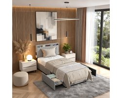 ACXIN Eenpersoonsbed Bed met Opbergruimte 2 Laden Metalen Frame Modern Slaapkamer Gastenkamer - 90x200 cm - Lichtgrijs