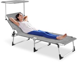 ACXIN Ligstoel Inklapbaar - Grijs - Tuin Ligstoel met Verstelbaar Zonnescherm - 600D Oxford Stof - 194x68x30 cm - Hoofdsteun Zijvak - Tuin Strand Camping Terras
