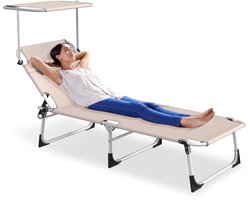 ACXIN Ligstoel Inklapbaar - Khaki - Tuin Ligstoel met Verstelbaar Zonnescherm - 600D Oxford Stof - 194x68x30 cm - Hoofdsteun Zijvak - Tuin Strand Camping Terras
