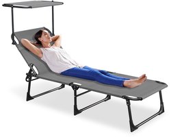 ACXIN Ligstoel Inklapbaar - Zwart - Tuin Ligstoel met Verstelbaar Zonnescherm - 600D Oxford Stof - 194x68x30 cm - Hoofdsteun Zijvak - Tuin Strand Camping Terras
