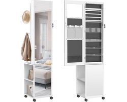 ACXIN Sieradenkast Met Spiegel Sieraden Opberger Make Up Kast Met LED Staand Met Wielen Spiegelkast - 170x40x36 cm - Wit