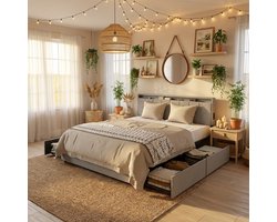 ACXIN Tweepersoonsbed Bed met Opbergruimte 4 Laden Metalen Frame Modern Slaapkamer Gastenkamer - 160x200 cm - Lichtgrijs