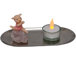 AdelaArT – Presenteer-, Sieraad- en Serveerschaaltje – Edelsteen met Yoga Babs – Rozenkwarts – collector’s item – Zilver kleur Schaal ca. 18×8 cm
