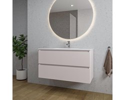 Adema Chaci Badkamermeubelset - 100x46x57cm - 1 keramische wasbak wit - 1 kraangat - 2 lades - ronde spiegel met verlichting - mat cotton (beige)