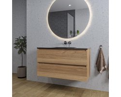 Adema Chaci Badkamermeubelset - 100x46x57cm - 1 keramische wasbak zwart - zonder kraangaten - 2 lades - ronde spiegel met verlichting - eiken
