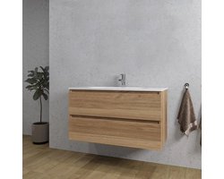 Adema Chaci Badkamermeubelset - 100x46x57cm - 1 ovale keramische wasbak wit - 1 kraangat - 2 lades - eiken