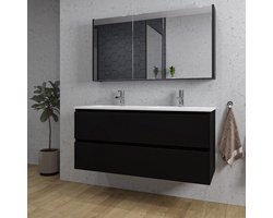 Adema Chaci Badkamermeubelset - 120x46x57cm - 2 keramische wasbakken wit - 2 kraangaten - 2 lades - Spiegelkast - mat zwart