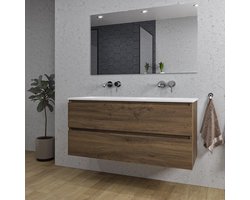 Adema Chaci Badkamermeubelset - 120x46x57cm - 2 keramische wasbakken wit - zonder kraangaten - 2 lades - rechthoekige spiegel - noten (hout)