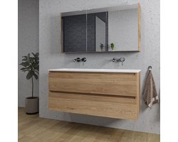 Adema Chaci Badkamermeubelset - 120x46x57cm - 2 keramische wasbakken wit - zonder kraangaten - 2 lades - Spiegelkast - eiken