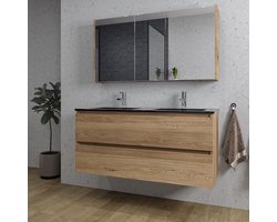 Adema Chaci Badkamermeubelset - 120x46x57cm - 2 keramische wasbakken zwart - 2 kraangaten - 2 lades - Spiegelkast - eiken