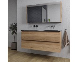 Adema Chaci Badkamermeubelset - 120x46x57cm - 2 keramische wasbakken zwart - zonder kraangaten - 2 lades - Spiegelkast - eiken