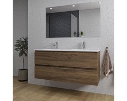 Adema Chaci Badkamermeubelset - 120x46x57cm - 2 ovale keramische wasbakken wit - 2 kraangaten - 2 lades - rechthoekige spiegel - noten (hout)