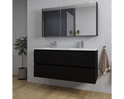 Adema Chaci Badkamermeubelset - 120x46x57cm - 2 ovale keramische wasbakken wit - 2 kraangaten - 2 lades - Spiegelkast - mat zwart