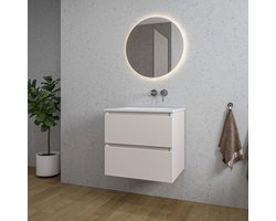 Adema Chaci Badkamermeubelset - 60x46x57cm - 1 keramische wasbak wit - zonder kraangaten - 2 lades - ronde spiegel met verlichting - mat cotton (beige)