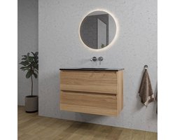 Adema Chaci Badkamermeubelset - 80x46x55cm - 1 keramische wasbak zwart - zonder kraangat - 2 lades - ronde spiegel met verlichting - eiken